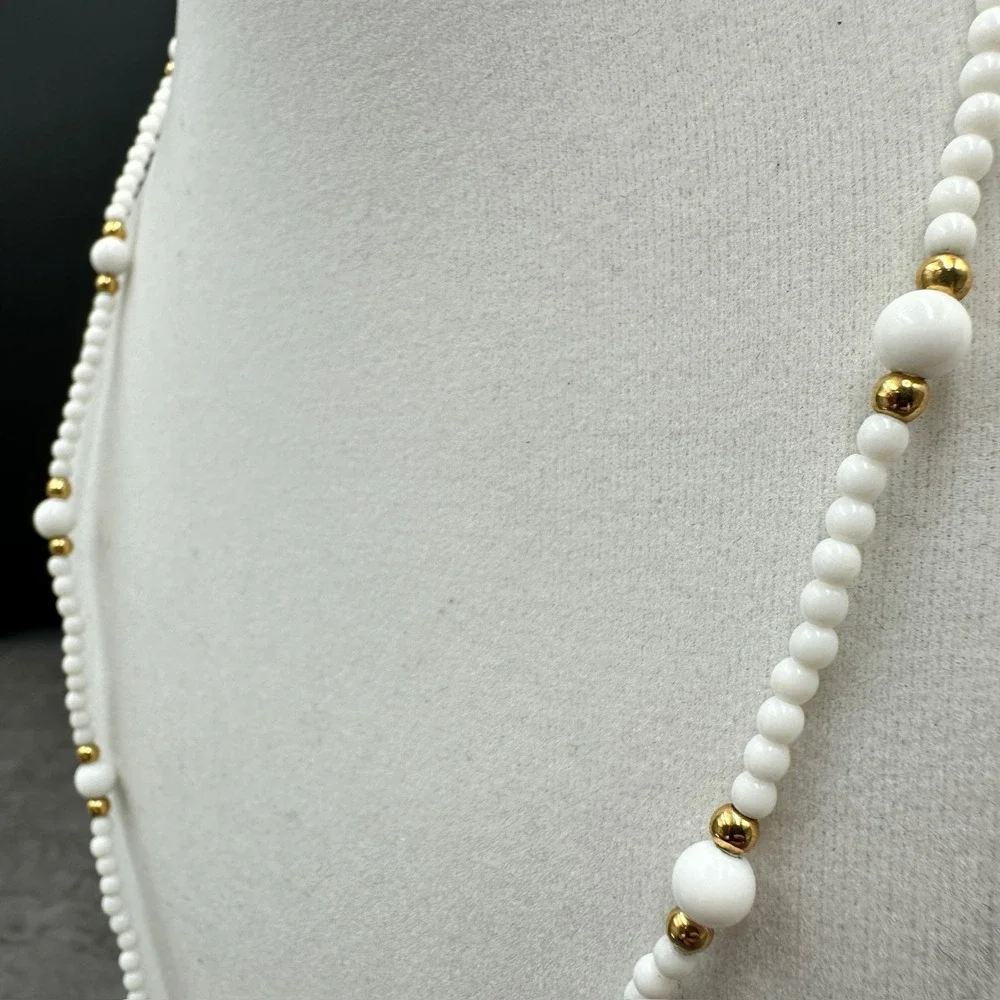 Napier Vintage White Seed Bead & Gold-Tone Accents Minimalist Layering‎ Necklace